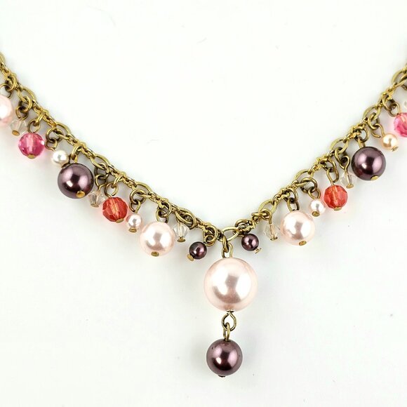 Faux Pearl Charm Necklace Gold Tone Double Clasp Multicolor Beaded - Picture 4 of 10
